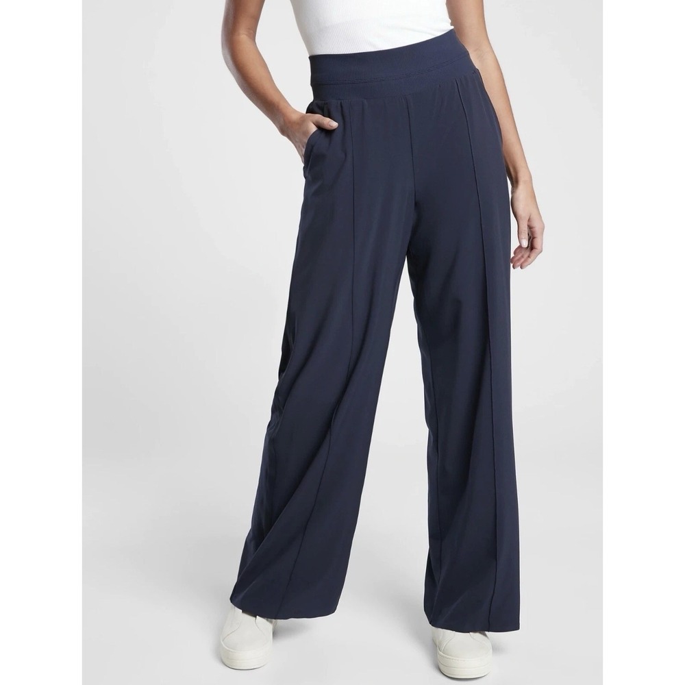 Athleta Nolita Wide Leg Pants Size 12 Navy Blue High Waist Lightweight Stretch